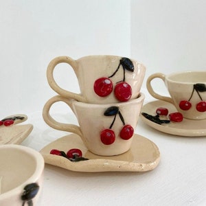 Handmade Cherry Ceramic Cup and Saucer