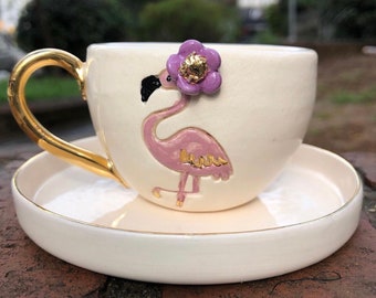 Handmade Flamingo Ceramic Cup and Saucer- 3D Pottery Cup and Saucer