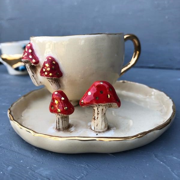 Handmade Mushroom Ceramic Cup and Saucer, 3D Pottery  Teacup and Saucer, Handle ,24K Gilding Espresso cup, Healty Glaze Used