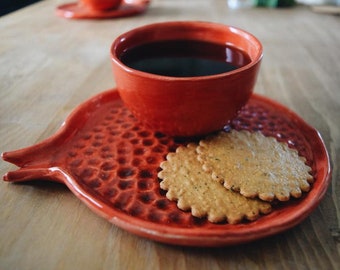Handmade Pomegranate Ceramic Cup and Saucer
