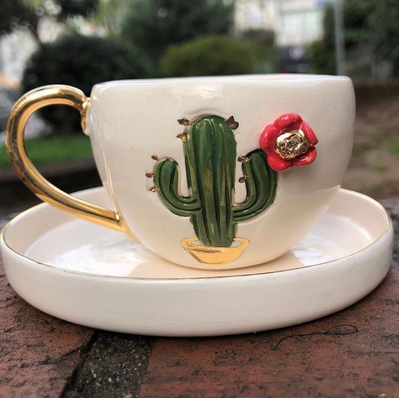 Handmade Cactus Flower Ceramic Cup and Saucer-Pottery cup image 1