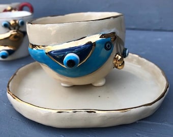 Handmade Evil Eye Bird Figured Ceramic Cup and Saucer