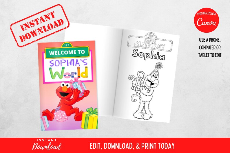 Editable Personalized Elmo Coloring Book Instant Download Etsy