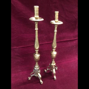 Pair of Beautiful 1900s Belgium Antique Brass Candelabras, Candlestick Holders, Torch Holders