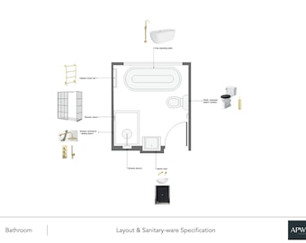 May include: Bathroom layout plan with a freestanding bathtub, shower enclosure, toilet, and vanity sink. The plan includes a heated towel rail, shower valve, and other fixtures.