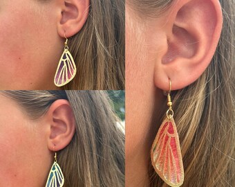 Feathery Dyed Butterfly Wing Earrings | Nickel Free
