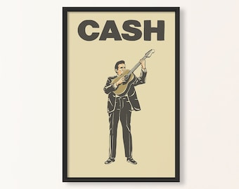May include: A vintage-style poster featuring a black and white illustration of a man playing a guitar. The poster has a beige background and the word "CASH" in black text at the top.