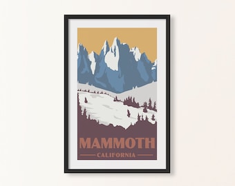 May include: A vintage-style travel poster featuring a snowy mountain range with the text "MAMMOTH - CALIFORNIA" at the bottom.