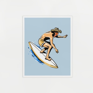 May include: A cartoon illustration of a person wearing a cowboy hat and bandana, riding a surfboard on a blue wave.