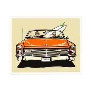 May include: Illustration of an orange convertible with two people inside and a surfboard on top. The car has a license plate that reads "TRIPPIN". The background is a light beige color.