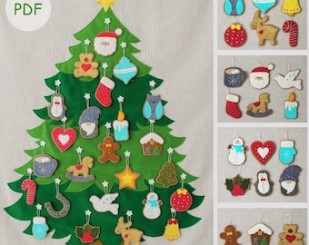 Calendario de Adviento Árbol de Navidad, Patrón de costura PDF, Patrón decoración navideña, adornos de fieltro Natividad Adviento, 24 adornos navideños