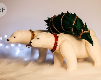 Polar Bear with tree sewing pattern, Christmas ornaments, SVG PDF pattern, Arctic animals, felt animals, Christmas decor
