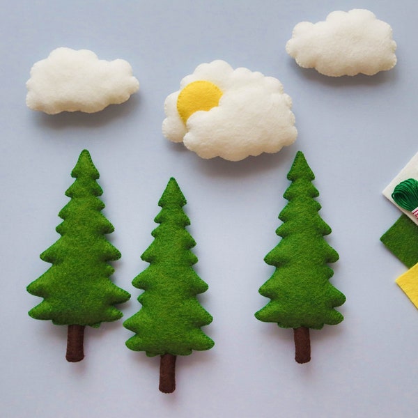 Tree, Clouds, Sun sewing pattern, PDF SVG felt patterns, baby mobile, felt ornament patterns, woodland nursery decor, felt garland