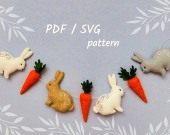 Easter garland sewing pattern, felt bunny, felt carrot, SVG PDF patterns, felt animals, felt ornaments, Easter decor, Easter banner, spring