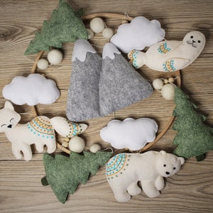 Baby mobile Polar Animals, PDF SVG sewing pattern, felt  Bear, Fox, Seal, Mountains, Tree, Clouds patterns, felt ornaments, felt animals