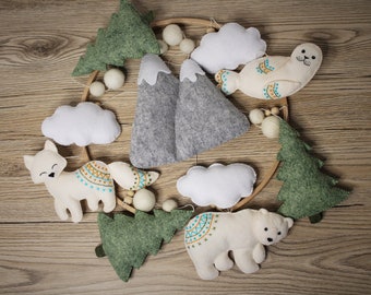 Baby mobile Polar Animals, PDF SVG sewing pattern, felt  Bear, Fox, Seal, Mountains, Tree, Clouds patterns, felt ornaments, felt animals