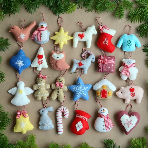 24 Christmas ornaments for advent calendar - Sewing Patterns PDF SVG, felt ornaments, Soft Christmas Decorations