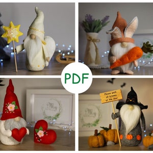 Holiday gnomes sewing patterns PDF SVG, Christmas Angel, Valentine Gnome, Easter Bunny Gnome, Halloween Gnome, felt ornaments patterns