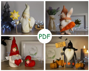 Holiday gnomes sewing patterns PDF SVG, Christmas Angel, Valentine Gnome, Easter Bunny Gnome, Halloween Gnome, felt ornaments patterns