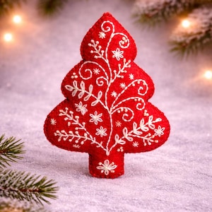 Felt Christmas tree, sewing and embroidery pattern, red & white scandinavian decor, Christmas Ornaments