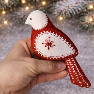 Bird ornament sewing pattern, scandinavian Christmas decor, felt pattern PDF SVG, Christmas ornaments, folk art, felt bird, red and white