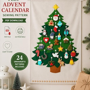 Felt Advent Calendar Sewing Pattern PDF, DIY Christmas Advent Calendar, 24 Felt Ornament Patterns, Christmas Countdown Calendar