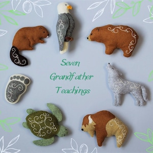 Seven Grandfather Teachings, baby mobile SVG PDF sewing  pattern, Christmas ornament, Beaver, Bear, Raven, Buffalo, Turtle, Wolf, Eagle