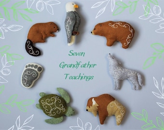 Seven Grandfather Teachings, baby mobile SVG PDF sewing  pattern, Christmas ornament, Beaver, Bear, Raven, Buffalo, Turtle, Wolf, Eagle