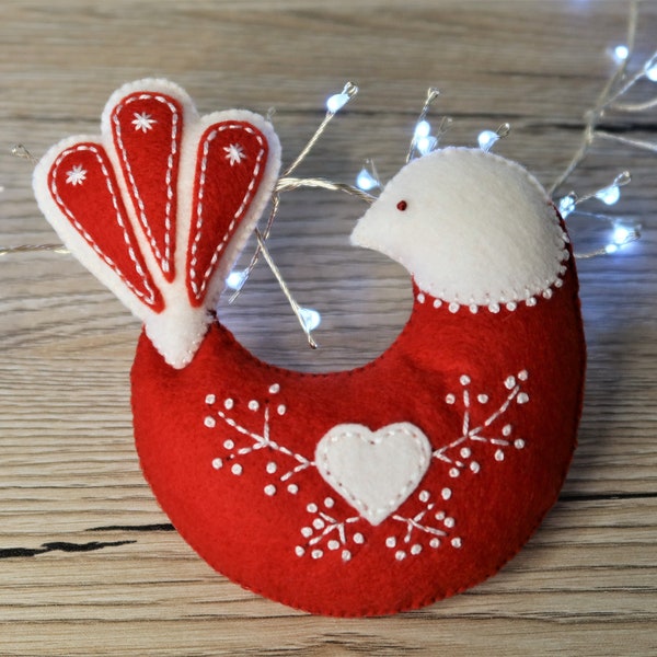 Bird ornament sewing pattern, scandinavian Christmas decor, felt pattern PDF SVG, Christmas ornaments, folk art, felt bird, red and white