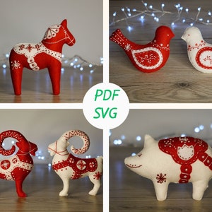 Scandinavian ornaments sewing pattern, felt Christmas ornaments, felt bird, christmmas goat, dala pig, dala horse, felt animals pattern, SVG