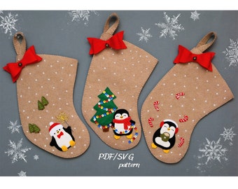 Bas de Noël PDF SVG patrons de couture, motif en feutre de pingouins, décoration de Noël, ornements en feutre, créations artisanales de Noël, patron de couture facile