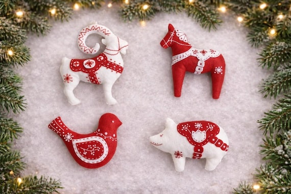 スカンジナビア風のオーナメントの縫製パターン、フェルトのクリスマス