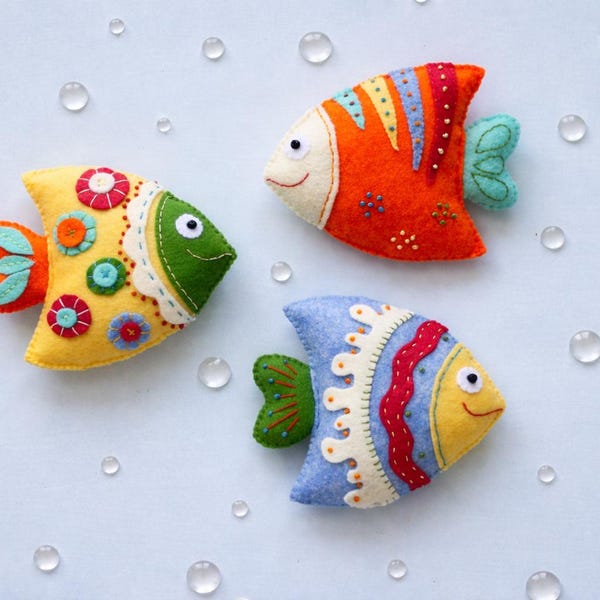 Patrón de costura de peces de fieltro, patrón de fieltro PDF SVG, patrón de móvil para bebé, adornos de fieltro, Bajo el mar PDF, patrón de océano, adornos navideños