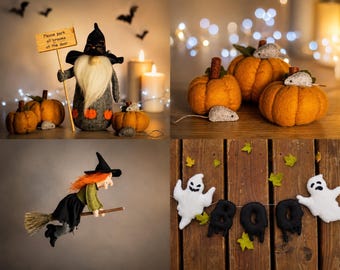 May include: A collection of Halloween-themed felt decorations including a gnome in a black hat holding a sign that reads Please park all brooms at the door, three orange pumpkins with small felt mice, a witch on a broomstick, and a BOO banner with ghosts.