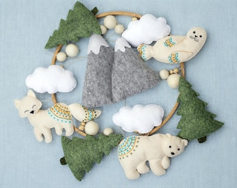 Baby mobile Polar Animals, PDF SVG sewing pattern, felt  Bear, Fox, Seal, Mountains, Tree, Clouds patterns, felt ornaments, felt animals