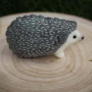 May include: A needle felted hedgehog with a gray and green spiky back and a white belly. The hedgehog is sitting on a wooden surface.