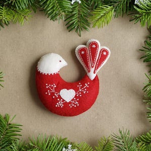 Bird ornament sewing pattern, scandinavian Christmas decor, felt pattern PDF SVG, Christmas ornaments, folk art, felt bird, red and white