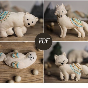 Tiere der Arktis Nähen Muster PDF SVG, Eisbär, Wolf, Fuchs, Robbe, Filz Ornamente, Babymobile Muster, Wald Baby mobile