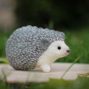 May include: A small, white and gray needle felted hedgehog with black eyes. The hedgehog is sitting on a wooden log with green grass in the background.