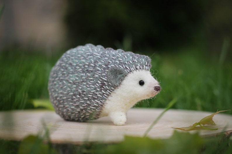 May include: A small, white and gray needle felted hedgehog with black eyes. The hedgehog is sitting on a wooden log with green grass in the background.