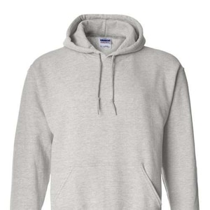 May include: A gray hooded sweatshirt with a pouch pocket.