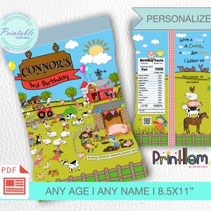 Puede incluir: Plantilla de bolsa de chips imprimible con una escena de granja con animales, un tractor y un cartel que dice "Connor's 3rd Birthday". La bolsa mide 8,5 pulgadas por 11 pulgadas y está personalizada con el nombre y la edad del niño.