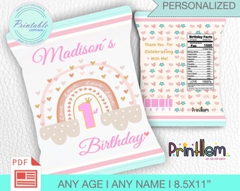 May include: Printable chip bag template featuring a rainbow with hearts and the text "Madison's 1st Birthday". The bag is pink and white with a light blue border. The back of the bag has a pink and white pattern with stars and hearts.