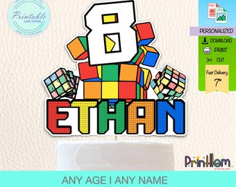 Adorno personalizado para tarta en forma de cubo, decoración para fiestas de cumpleaños infantiles / Archivo digital.