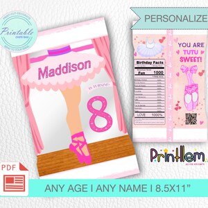 May include: Printable chip bag template featuring a pink ballerina with a tutu and a pink number 8. The bag is decorated with pink hearts and the text "You are tutu sweet!" and "Maddison is turning 8". The template is 8.5 x 11 inches.