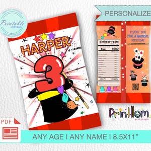 May include: Printable chip bag template featuring a magician's hat with a red number 3 and stars. The bag is personalized with the name "Harper" and the text "is turning". The bag is 8.5 x 11 inches.
