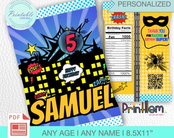 Personalized Superhero Birthday Chip Bag Favor, printable Supplies  | Digital File