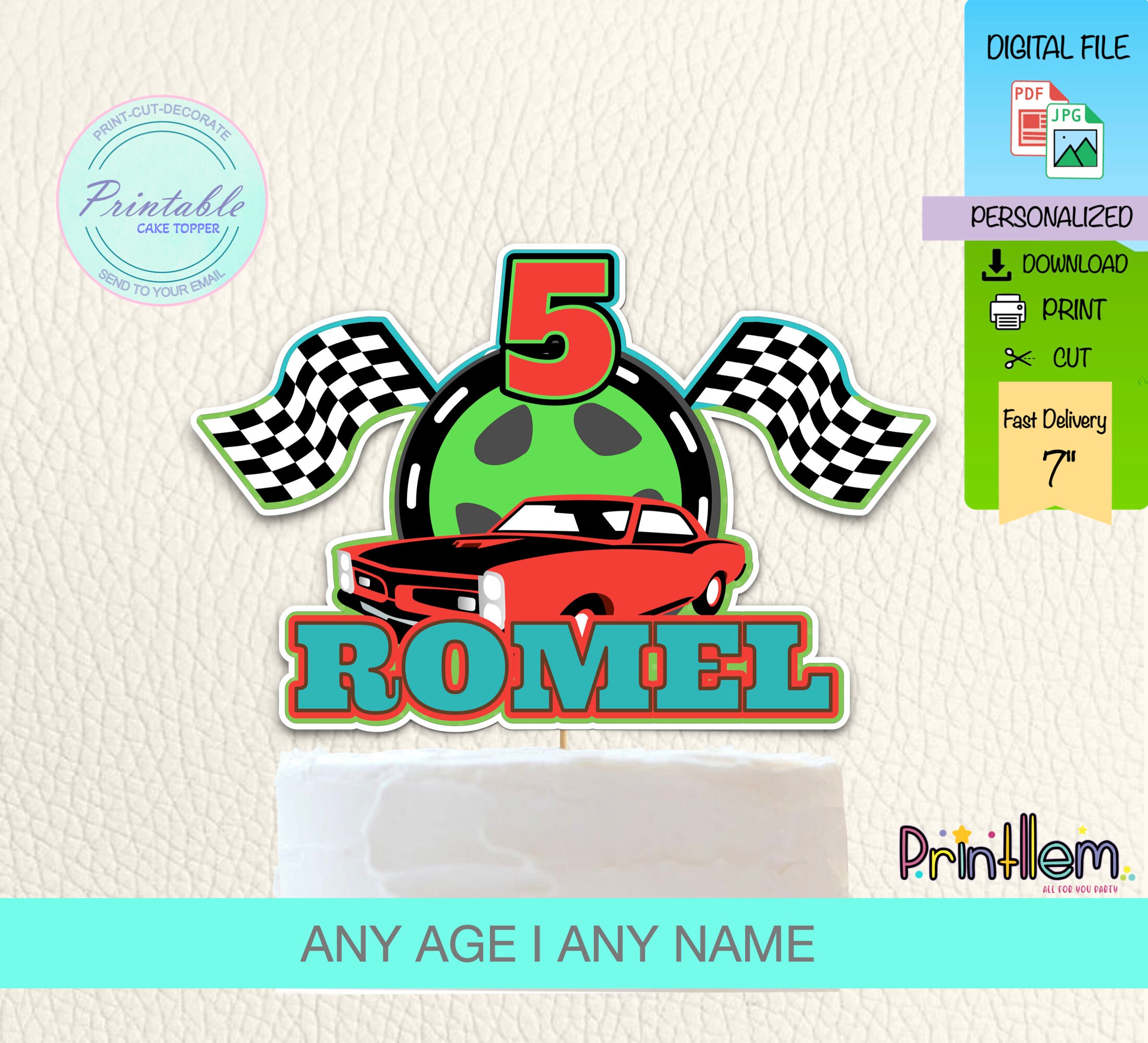 Racecar Cake Topper Personalized Printable Party Birthday Digital ...