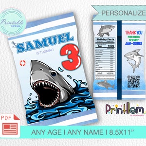 Haifisch-Chips-Beutel, druckbare Geburtstags-Party-Chips-Beutel, Haifisch-Jawsome-Zeit, Chip-Beutelverpackung unter dem Meer, personalisierte Chip-Beuteletikett-Laienfischparty