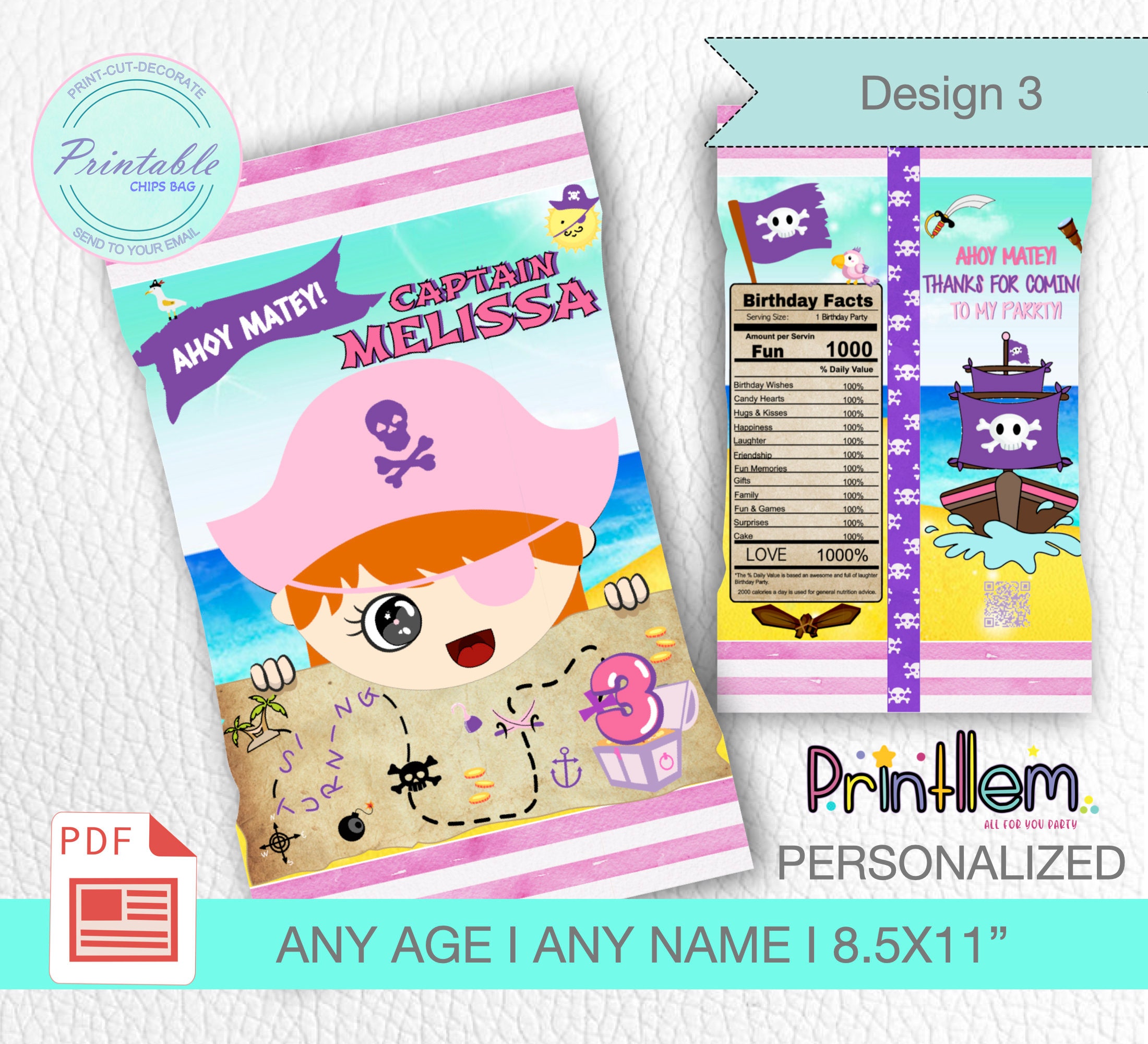 Pirate Chip Bag Girl,printable Chips Bag Pink Pirate,personalized Kids Pirate Birthday Party ...
